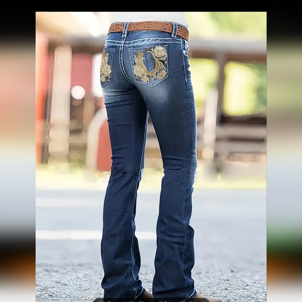 New Women's Embroidered Pocket Dark Wash Flare Jeans sz 3xl